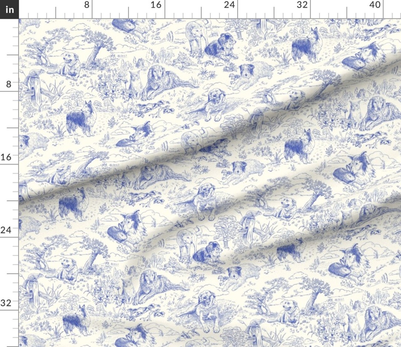 Various Fabrics by the Yard or Fat Quarter Blue Toile Country Style Hand Drawn Landscape Traditional Collie Toil Ecru Sheep Dog Australian Shepherd Shetland Custom Printed Fabric by Spoonflower